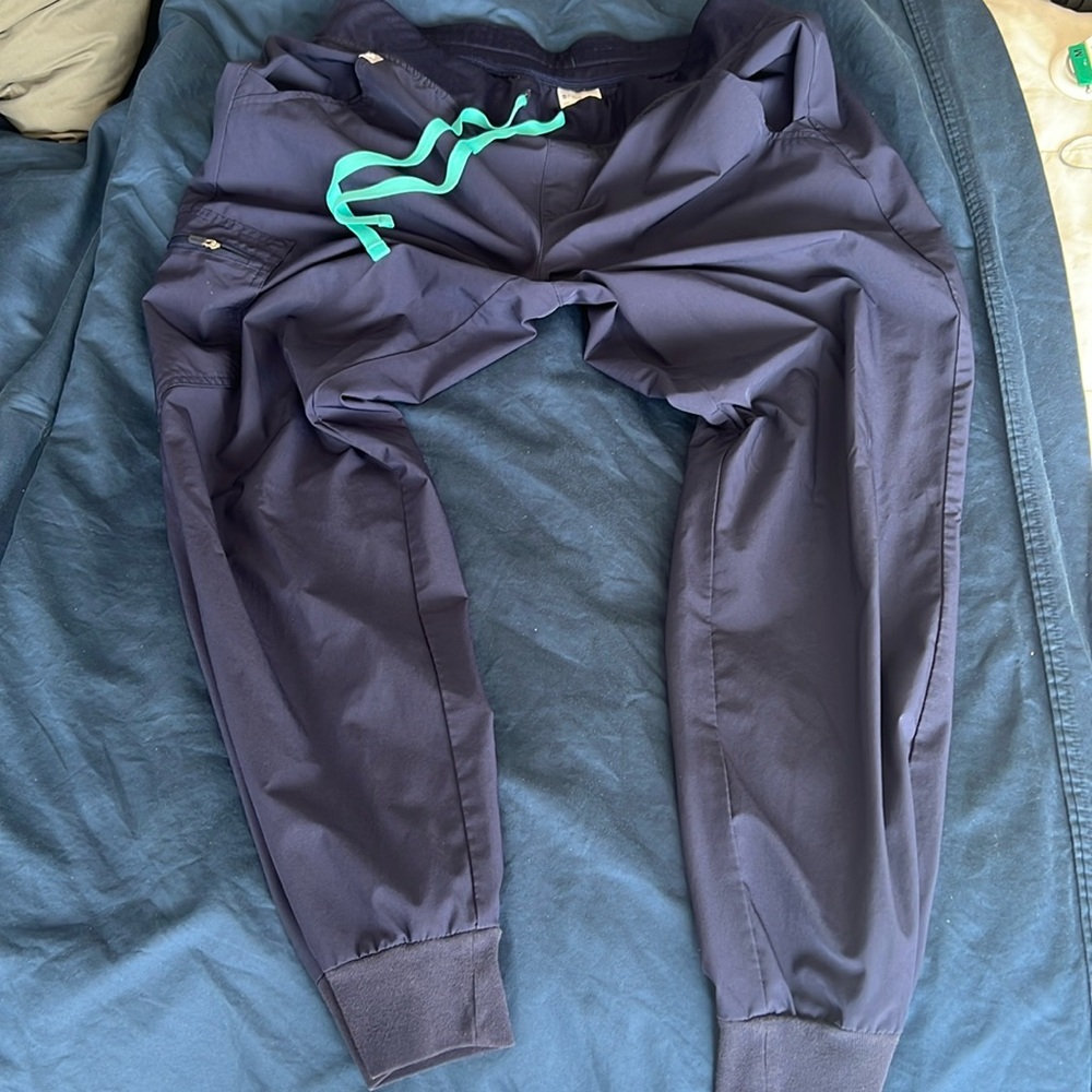 Figs, Navy, joggers with turquoise draw string, size Large, like new!